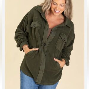 Zenana Women’s Dark Olive Green Oversized Fleece Elbow Patch‎ Shacket SZ MEDIUM
